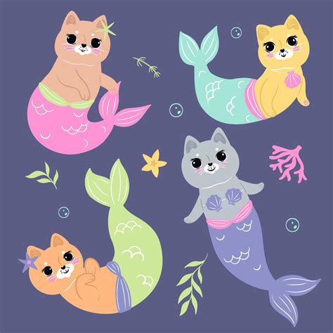 set  cute mermaid cats vector graphics  vector art  vecteezy