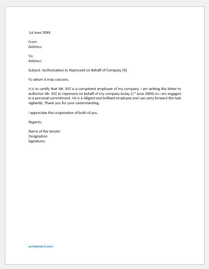 authorization letter  represent  behalf  company