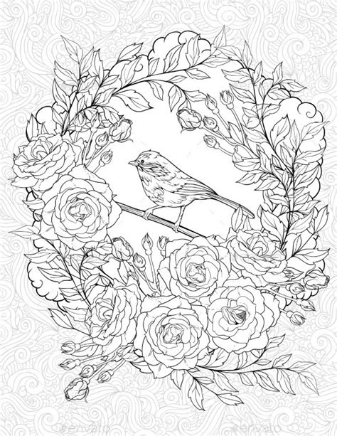 coloring page with a small bird and roses bird coloring