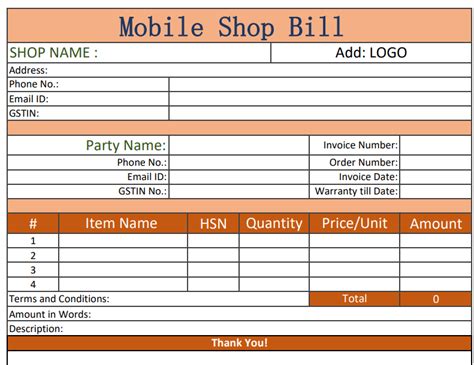 mobile shop bill format  excel word  mybillbook