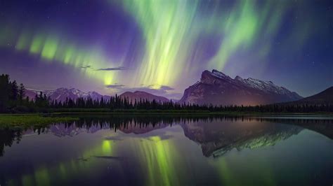 aurora borealis mountains lake reflection banff national park laptop full hd p hd