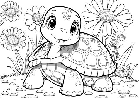 color  young  cute tortoise    flowers surrounding