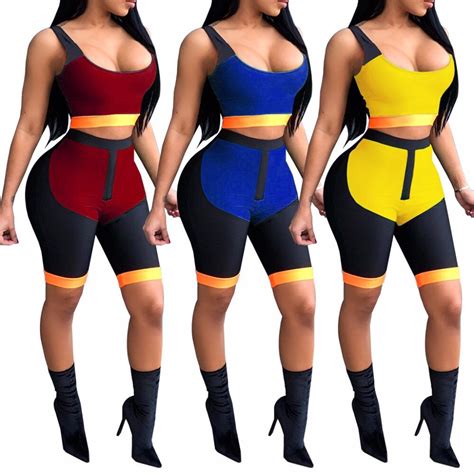 fitness suit color block splice sexy 2 piece set lady summer tanks crop