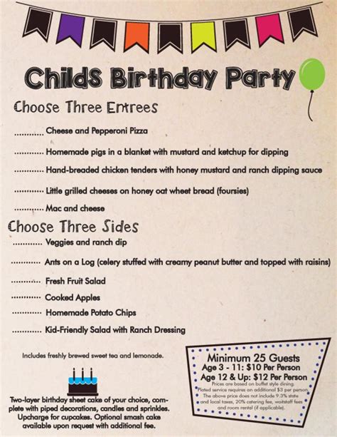 childs birthday party catering menu birthday party catering party