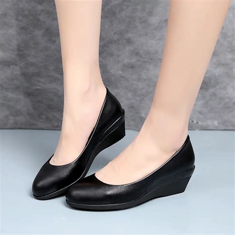 gzhouse  wedge women shoes spring soft leather wedge heels women pumps slip  black ol