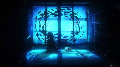 anime girl sitting  aquarium  wallpaper