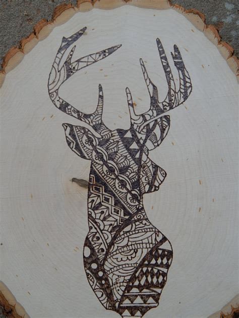 rustic wood burned deer head patterned aftcra
