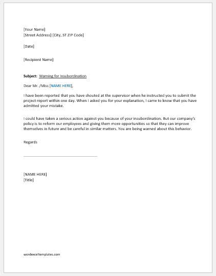 warning letter  employee  insubordination word excel templates