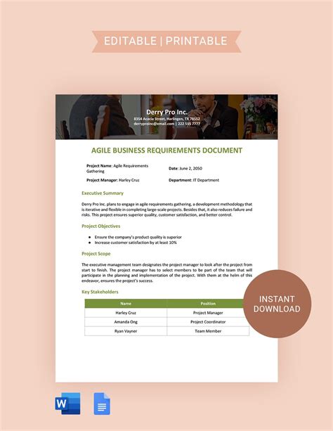 agile business requirements document template  word