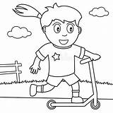 Coloring Push Scooter Park Girl Kids Playing Illustration sketch template