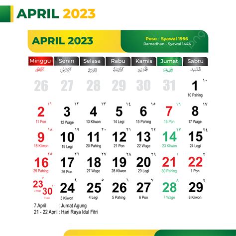 kalender  avril keren  lengkap  hari libur nasional png calendrier