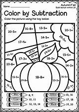 Subtraction Color Worksheets Fall Autumn Number Kindergarten Code Kids Teacherspayteachers Addition Numbers sketch template