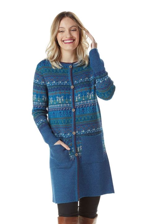 lang dames vest zakken duurzame kwaliteit alpaca wol turquoise blauw motief apu kuntur arana