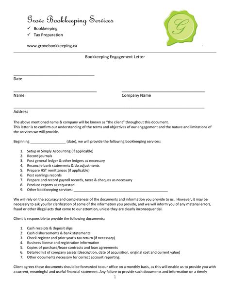bookkeeping engagement letter   write  bookkeeping engagement