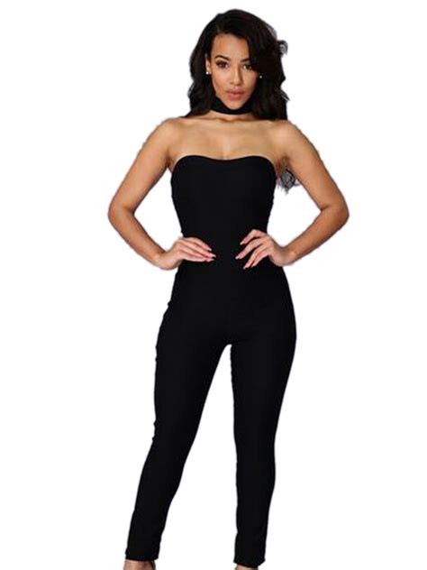 Choker Black Strapless Jumpsuit Sexy Club Party One Piece Outfits Long