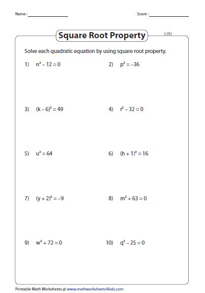 quadratic equation worksheets