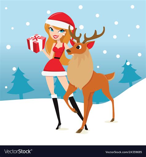 Cartoon Sexy Santa Girl And Reindeer Royalty Free Vector