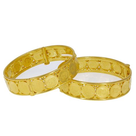 22k yellow gold laxmi kasu bangles set of 2 w smooth bar trim virani