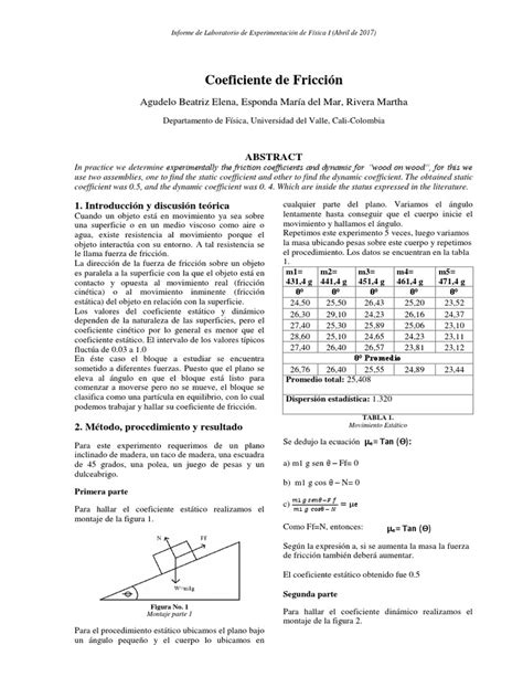 Determinación Experimental De Los Coeficientes De Fricción Estático Y