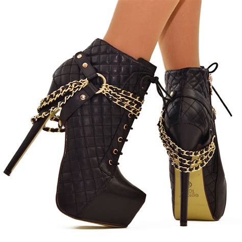 black gold chain padded lace  stiletto high heel platform ankle boots womens heels stilettos