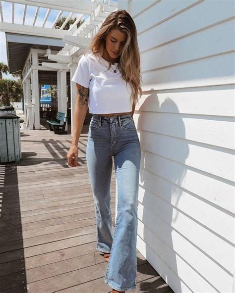 2020 women jeans moto pants white shirt and jeans wide leg cropped