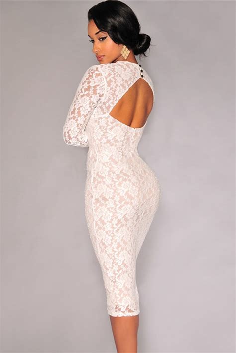Cheap Sexy V Neck Long Sleeves Padded White Lace Sheath