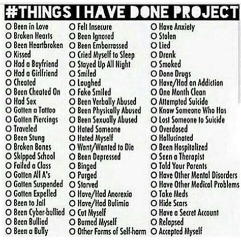 things i have done project o been in love o fell insecure o have anxiety o broken hearts o been