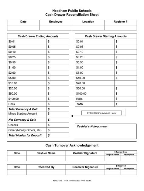 printable cash drawer count sheet printable templates