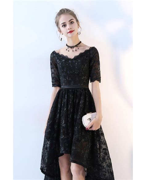 Black Lace High Low Homecoming Party Dress With Sleeves Bls86045