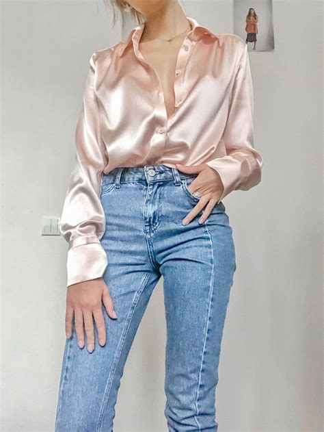 Women Silk Shirt In Peach Pink Stretch Silk Blouse Long Sleeve Blouse