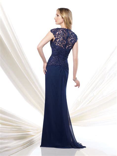 prachtige donkerblauwe lange jurk van chiffon met top van kant achterzijde lange jurken