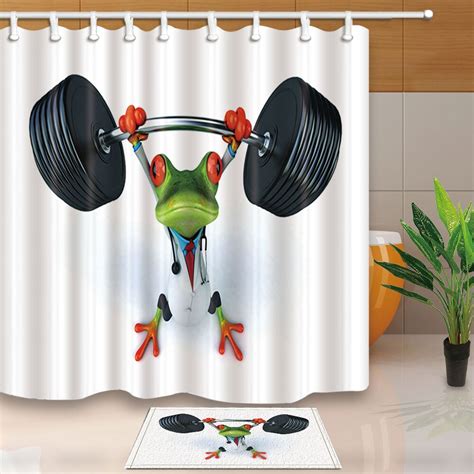 High Quality Shower Curtains Frog Lifting A Barbell Funny