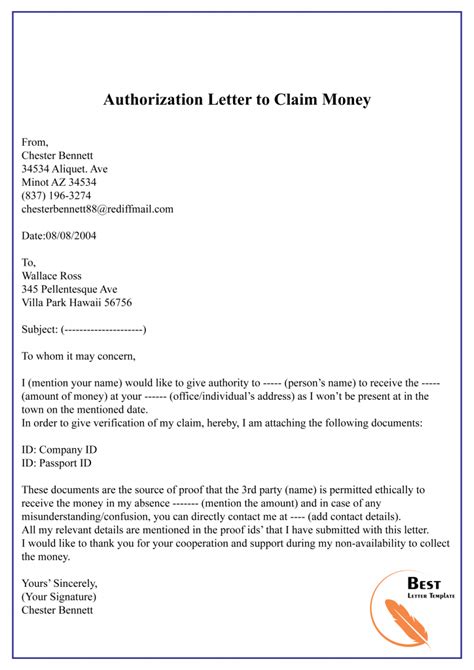 authorization letter  claim money   letter template
