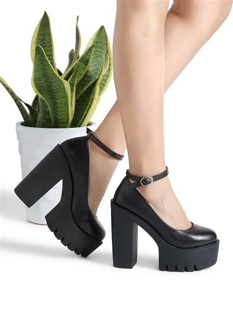 black ankle strap platform pu heels sheinsheinside