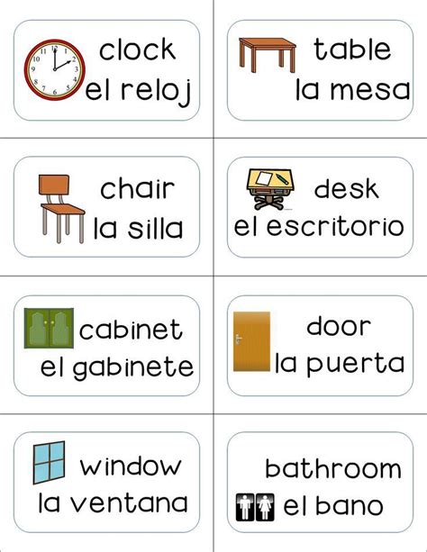 classroom labels english to spanish with white background