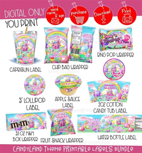 candyland candy land theme birthday digital printables labels