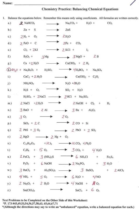 balancing chemical equations worksheet grade  answer key worksheet mart