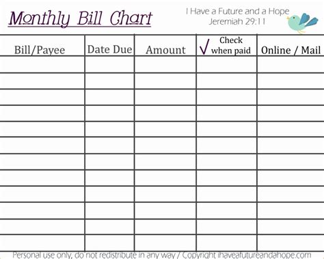monthly bill organizer spreadsheet   printable bill