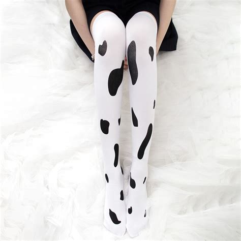 Milk Cow Printing Cute Over Knee Stockings Velvet Women Girls Stockings