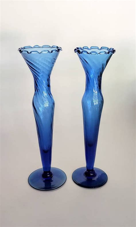 Vintage Cobalt Blue Vases Swirl Glass With Ruffled Rim Set Of Two