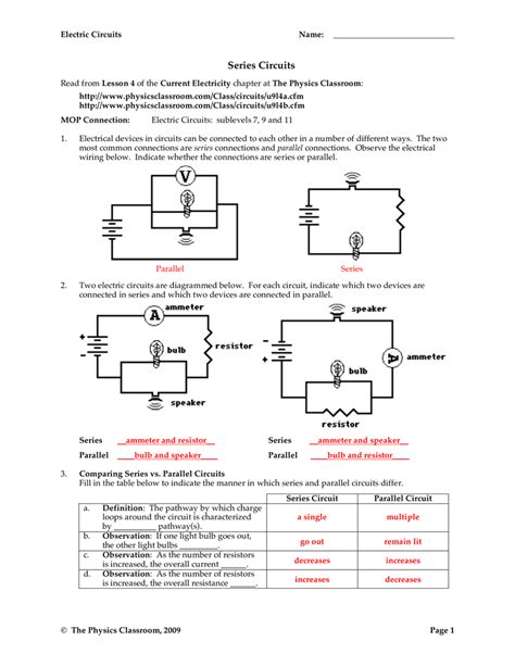 series  parallel circuits worksheet  answers
