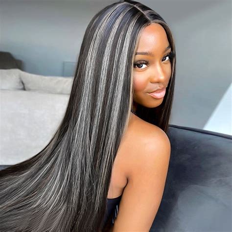 straight black wigs  gray highlights lace front wig flash sale human hair wigs black hair