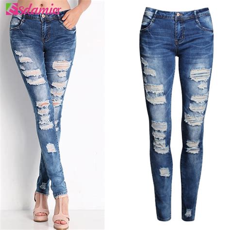 fashion jeans woman ladies cotton denim pants stretch ripped skinny