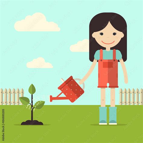 Vector Illustration Of Girl Watering Plant Flat Design Style Stock