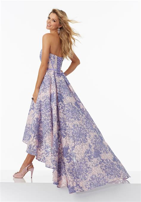 floral printed lace prom dress with hi low hemline morilee