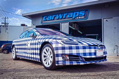 blue white plaid tesla model  car wrap carwrapscom