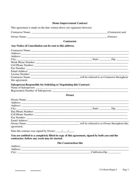 home improvement contract template   templates   word