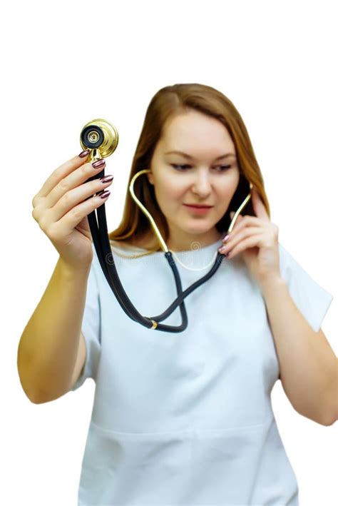 Beautiful Young Doctor Woman Using Stethoscope Isolated On White