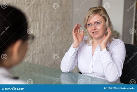 blonde woman  job interview  office stock photo image  employment conversation