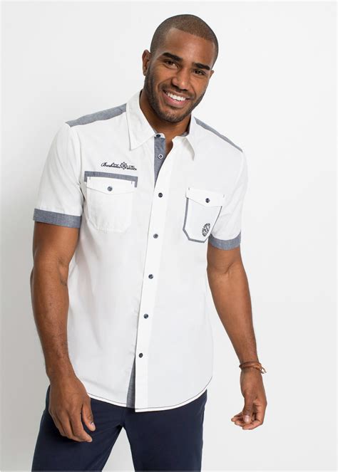 sportief overhemd met korte mouwen contrastkleurige details en borstzakken wit